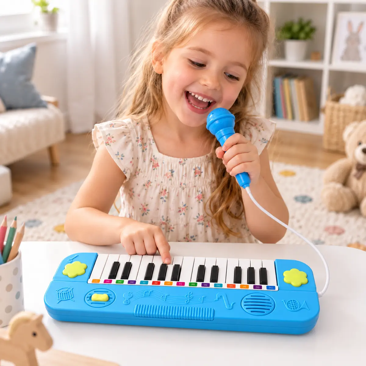 Dziewczynka grająca na niebieskim keyboardzie i śpiewająca do mikrofonu