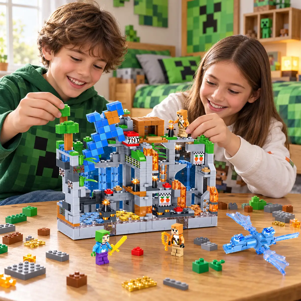 Chłopiec i dziewczynka budują klocki Minecraft
