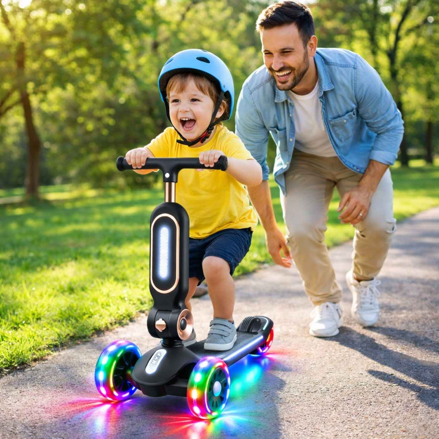 Chłopiec na hulajnodze Lemoo RS120 z ojcem