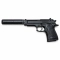 Czarny pistolet airsoft V1+ z zamontowaną imitacją tłumika na białym tle
