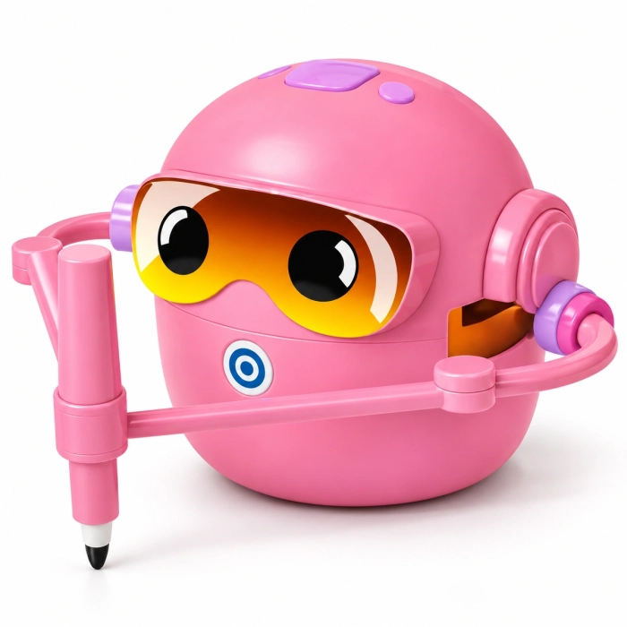 Różowy robot do rysowania z ruchomym ramieniem i pisakiem na białym tle