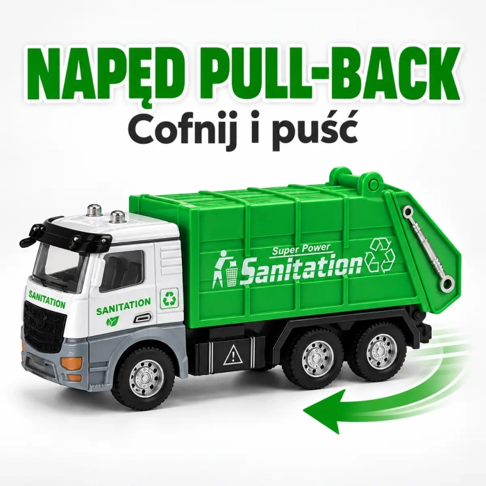 Metalowa śmieciarka dla dzieci z napędem pull-back