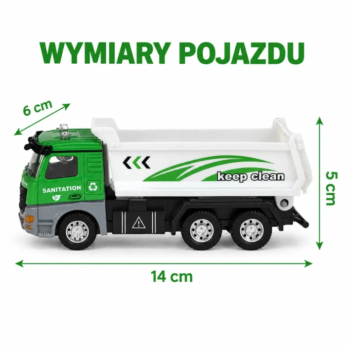 Pojazd komunalny dla dzieci o wymiarach około 14 na 6 na 5 cm