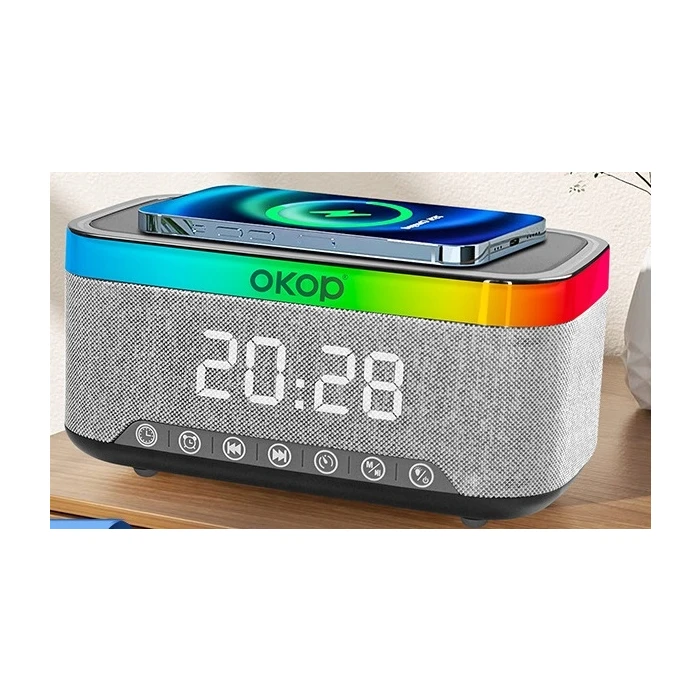 Głośnik Bluetooth z Ładowaniem Indukcyjnym 15W i Zegarem – OKOP KP-559