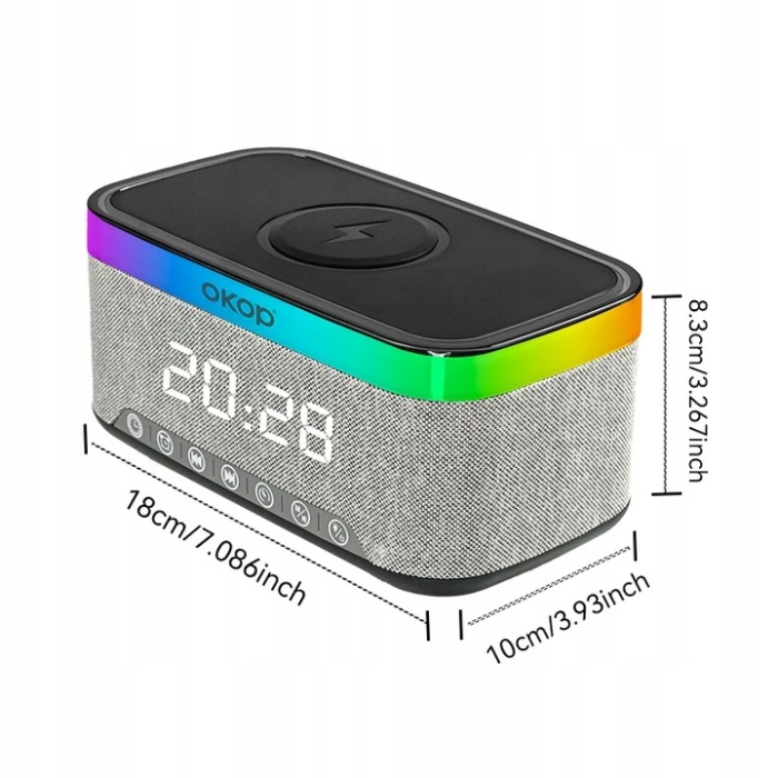 Głośnik Bluetooth z Ładowaniem Indukcyjnym 15W i Zegarem – OKOP KP-559