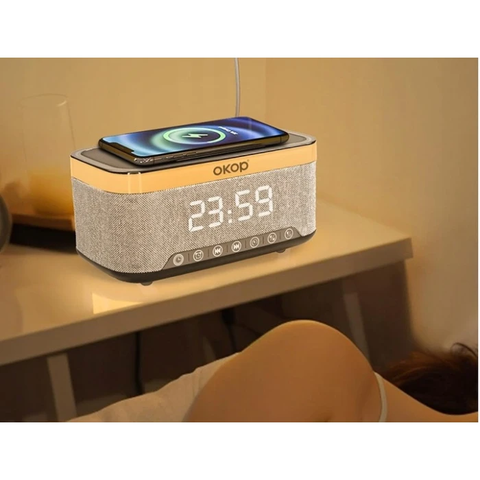 Głośnik Bluetooth z Ładowaniem Indukcyjnym 15W i Zegarem – OKOP KP-559