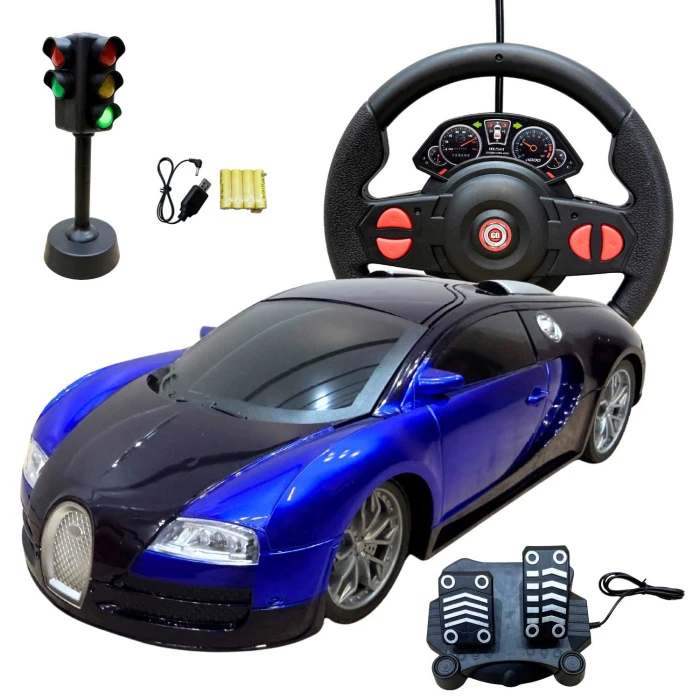 Samochód zdalnie sterowany kierownicą, pedałami i światłami drogowymi dla dzieci - 1:16 - niebieskit
