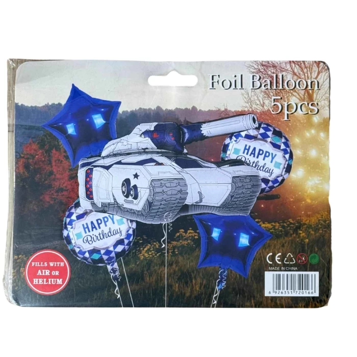 Balony Foliowe na Urodziny – Zestaw z Czołgiem dla Chłopca (5 szt.)