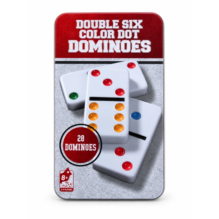 Domino z kolorowymi oczkami – białe kostki i metalowa puszka na białym tle