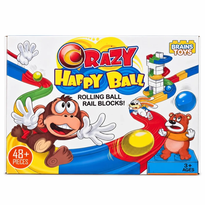 Przód opakowania klocków z torem kulkowym Crazy Happy Ball z oznaczeniem 48+ elementów i wieku 3+