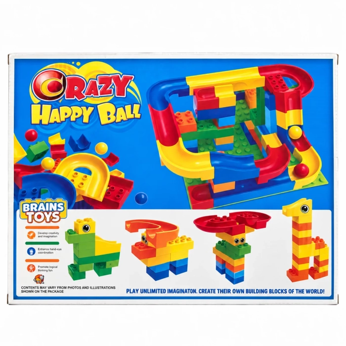 Tył opakowania Crazy Happy Ball z ilustracją toru kulkowego i przykładami konstrukcji z klocków