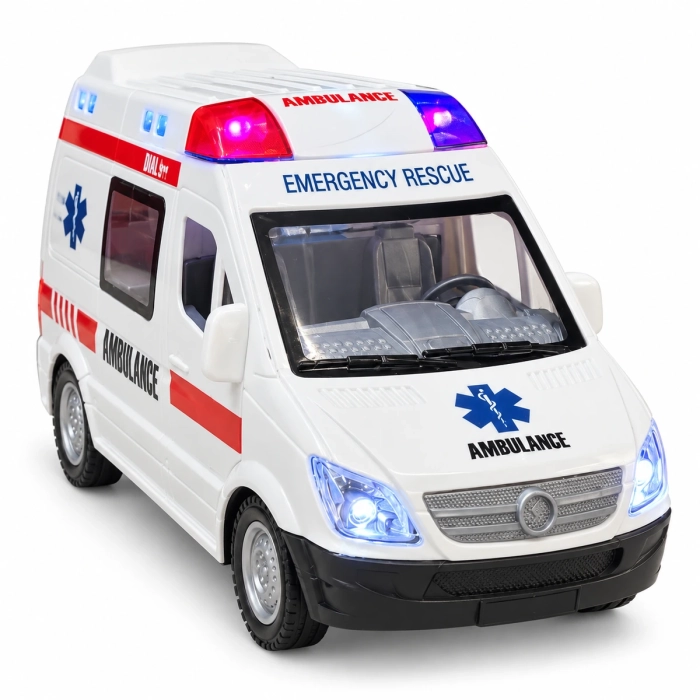 Karetka zabawka z podświetlanymi reflektorami i sygnalizacją na dachu – widok z przodu