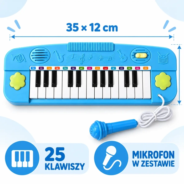 Niebieski keyboard 35 × 12 cm z 25 klawiszami i mikrofonem