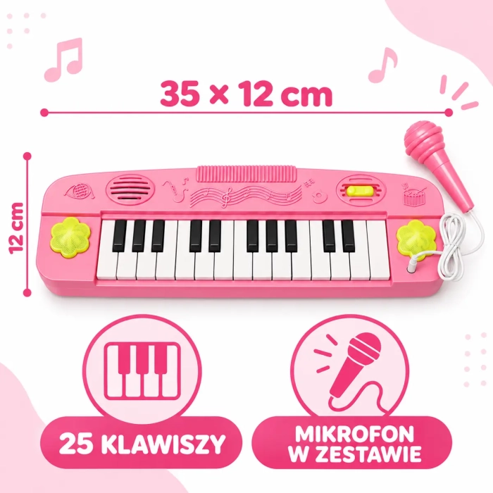Różowy keyboard 35 × 12 cm z 25 klawiszami i mikrofonem