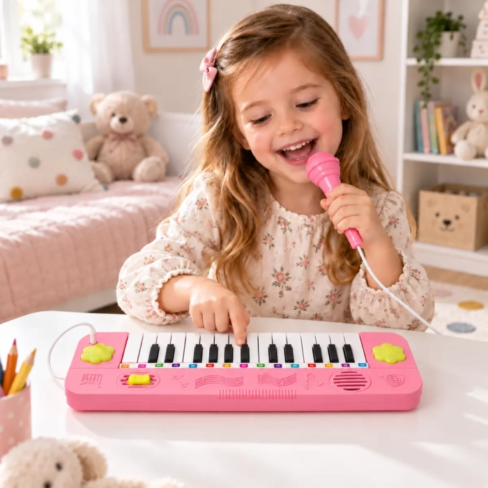 Dziewczynka grająca na różowym keyboardzie i śpiewająca do mikrofonu