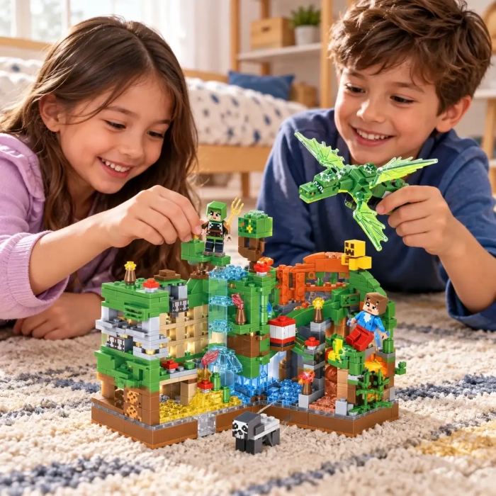 Chłopiec i dziewczynka bawią się zielonymi klockami Minecraft LB607 w pokoju