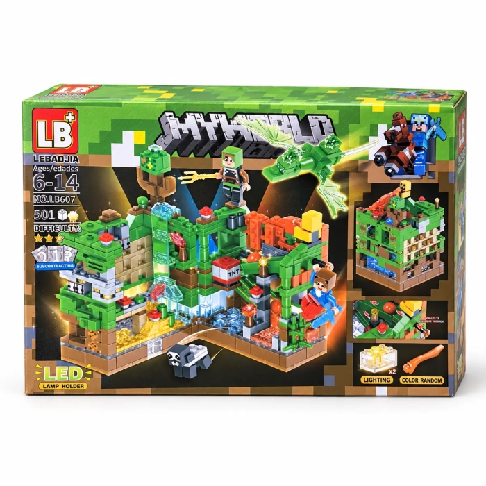 Pudełko zestawu zielonych klocków Minecraft LB607 na białym tle
