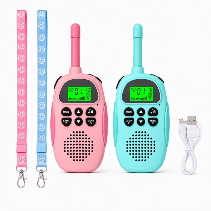 Krótkofalówki dla dzieci 2 szt. Walkie Talkie DJ100 – zasięg do 3 km, 22 kanały, VOX, latarka LED i USB-C