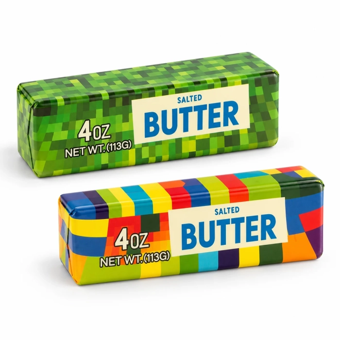 Zestaw dwóch zabawek w kształcie kostek masła – zielona i kolorowa, z napisem Salted Butter