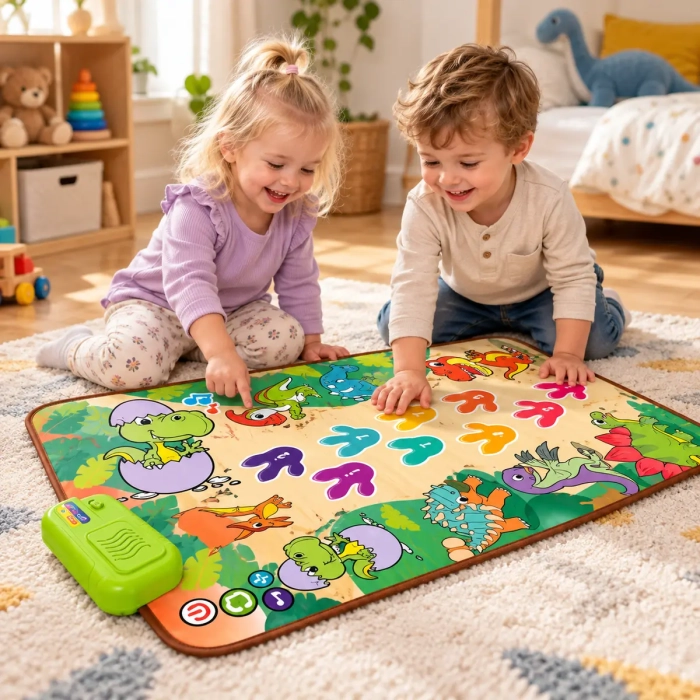 Uśmiechnięte dzieci bawią się matą muzyczną z dinozaurami w pokoju