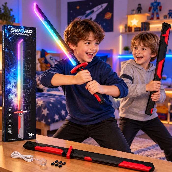 Dwoje chłopców podczas zabawy świecącym mieczem LED RGB