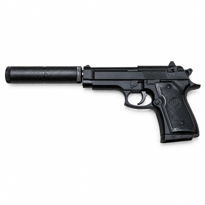 Czarny pistolet airsoft V1+ z zamontowaną imitacją tłumika na białym tle