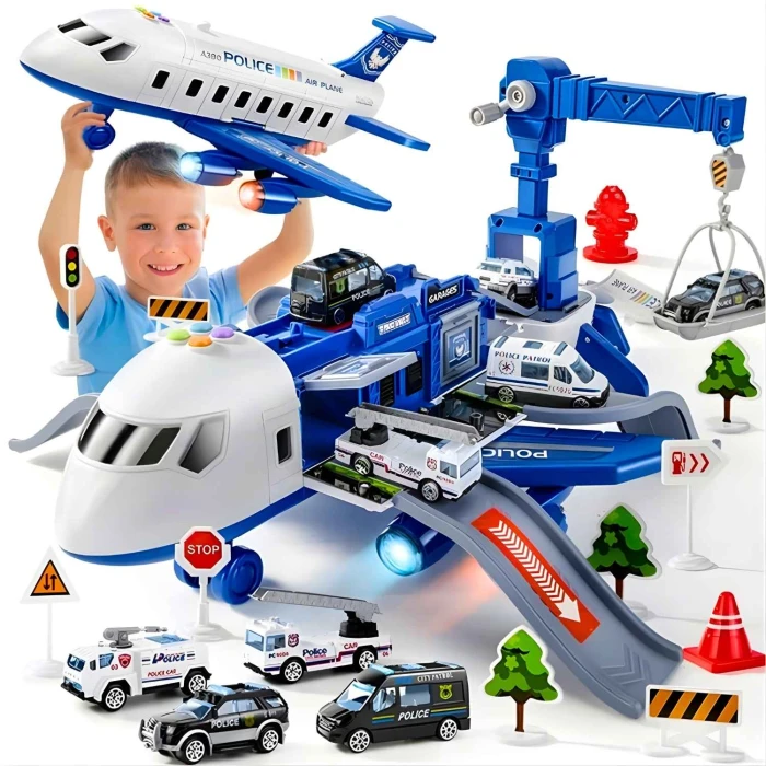 Duży Samolot Interaktywny Rozkładany Parking Dźwig Policja dla Dzieci 65 cm