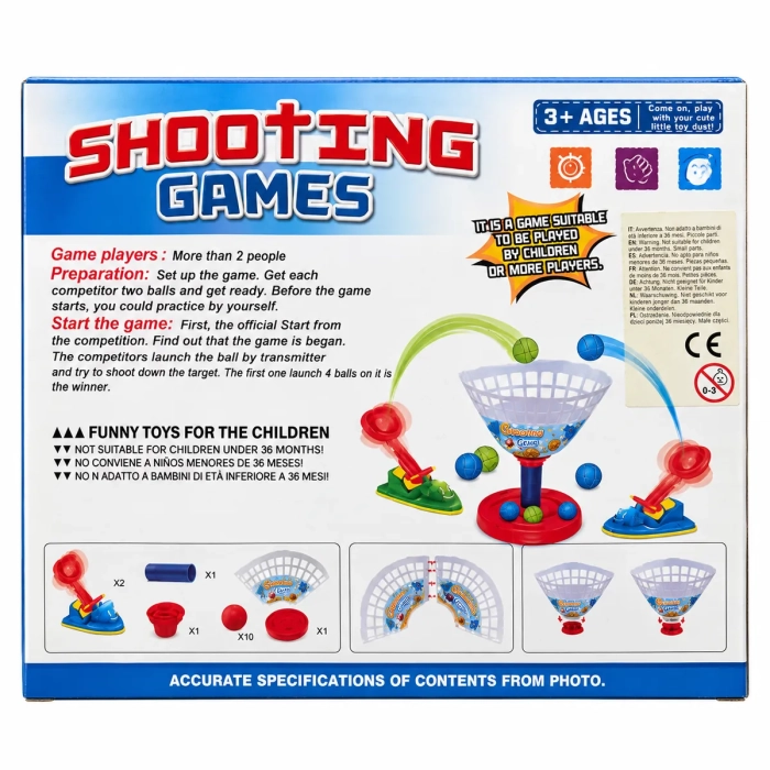 Tył opakowania gry Shooting Games z instrukcją zabawy i elementami zestawu