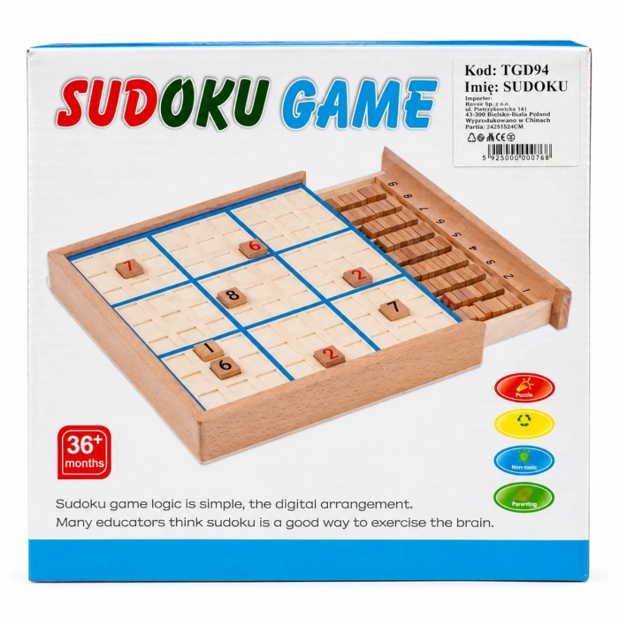Drewniana gra sudoku – opakowanie z ilustracją planszy z niebieską siatką