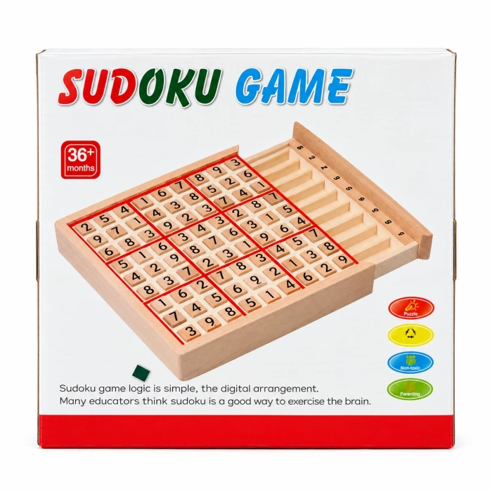 Drewniana gra sudoku – opakowanie z ilustracją planszy z czerwoną siatką
