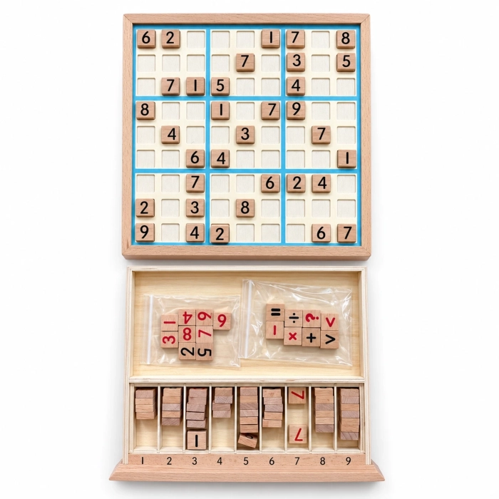 Drewniane sudoku z niebieską siatką, klockami z cyframi i organizerem na białym tle