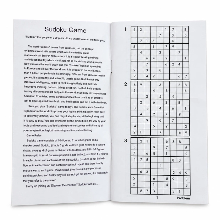 Otwarta instrukcja gry sudoku z zasadami w języku angielskim i przykładowymi łamigłówkami