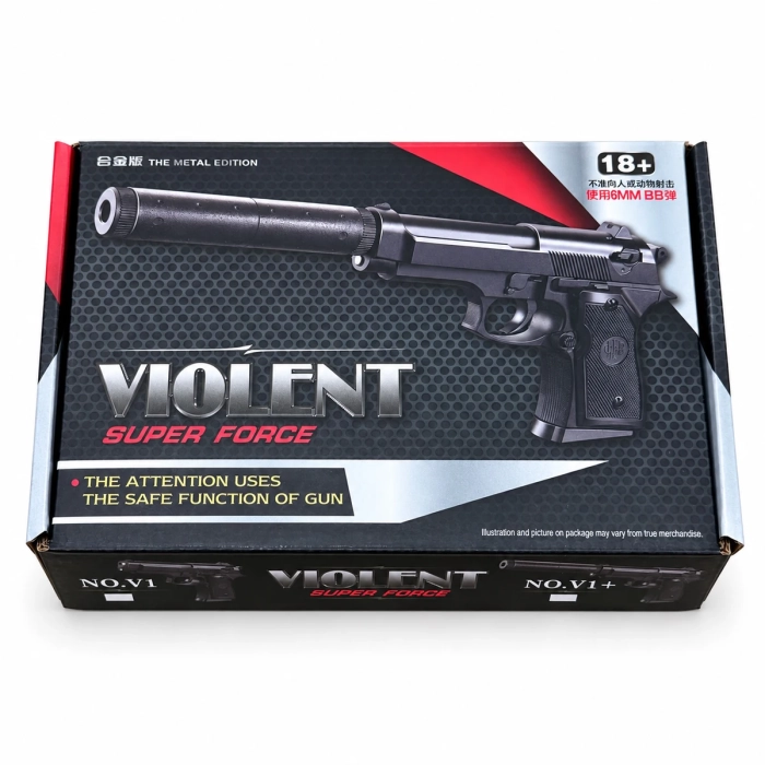 Przód opakowania pistoletu airsoft V1+ Violent Super Force z oznaczeniem 18+