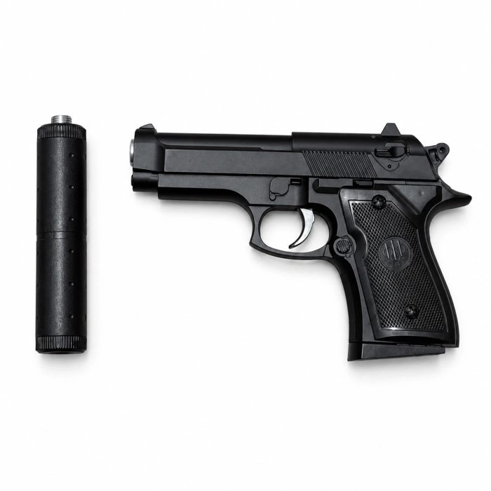 Pistolet airsoft V1+ i odłączona imitacja tłumika na białym tle