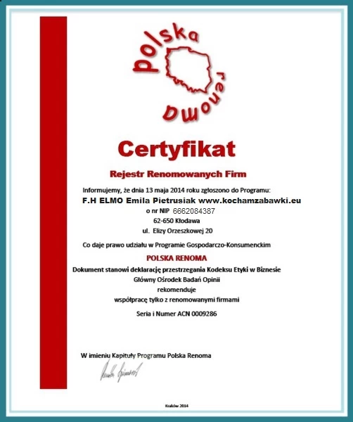 Certyfikat KochamZabawki F.H Elmo